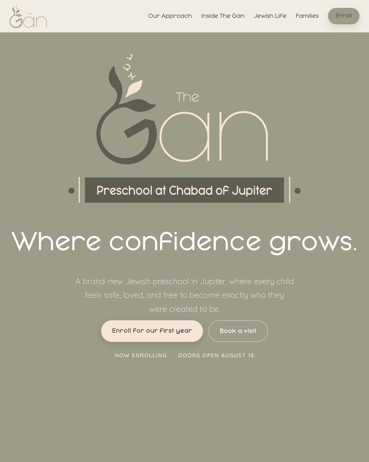 A screenshot of the homepage for The Gan Jupiter, a preschool in Jupiter, Florida, featuring a logo and a call to action to enroll.