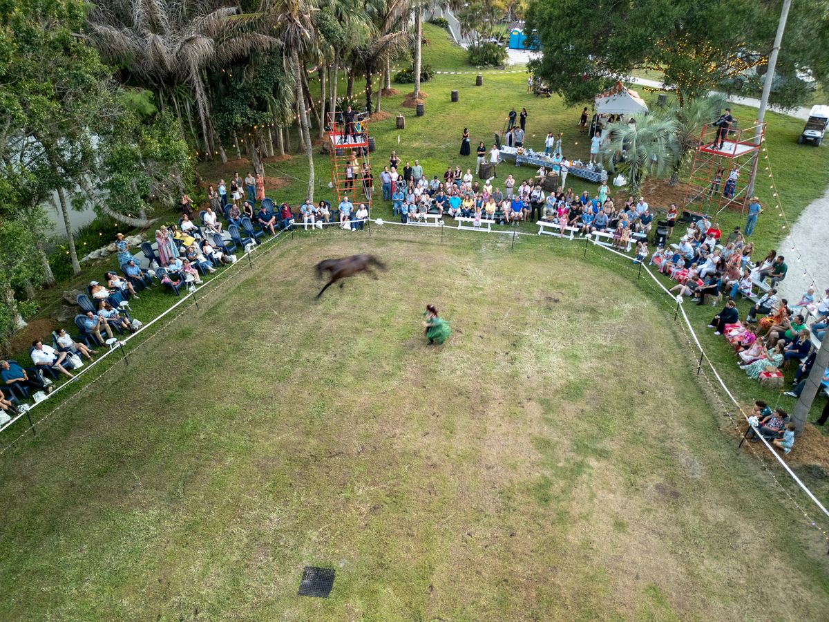 Two people in a grassy area, surrounded by trees and a crowd of people sitting on benches. The person on the left is wearing a green dress and has dark hair. They are facing the person on the right, who is wearing a light-colored shirt and dark pants. The person on the right is holding a microphone and appears to be speaking. The atmosphere suggests an outdoor event or gathering, possibly a conference or workshop.