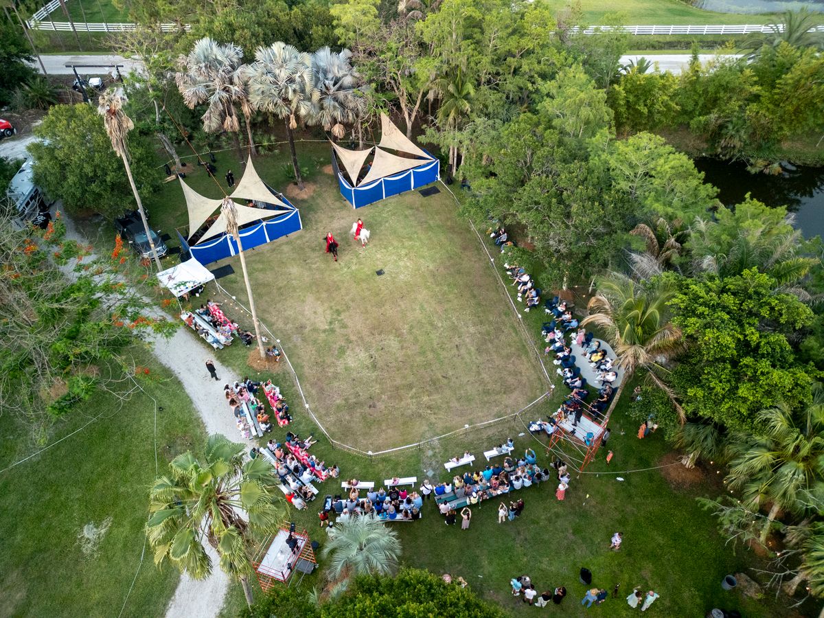 Aerial view of a lush outdoor event space with a grassy lawn, surrounded by trees and a pond, featuring a large tent and several smaller structures.